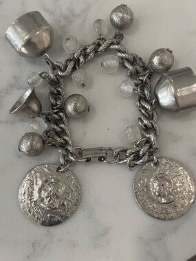 Vintage Silver Tone Faux Coin & Bell Heavy Charm Bracelet Retro 60s 70s